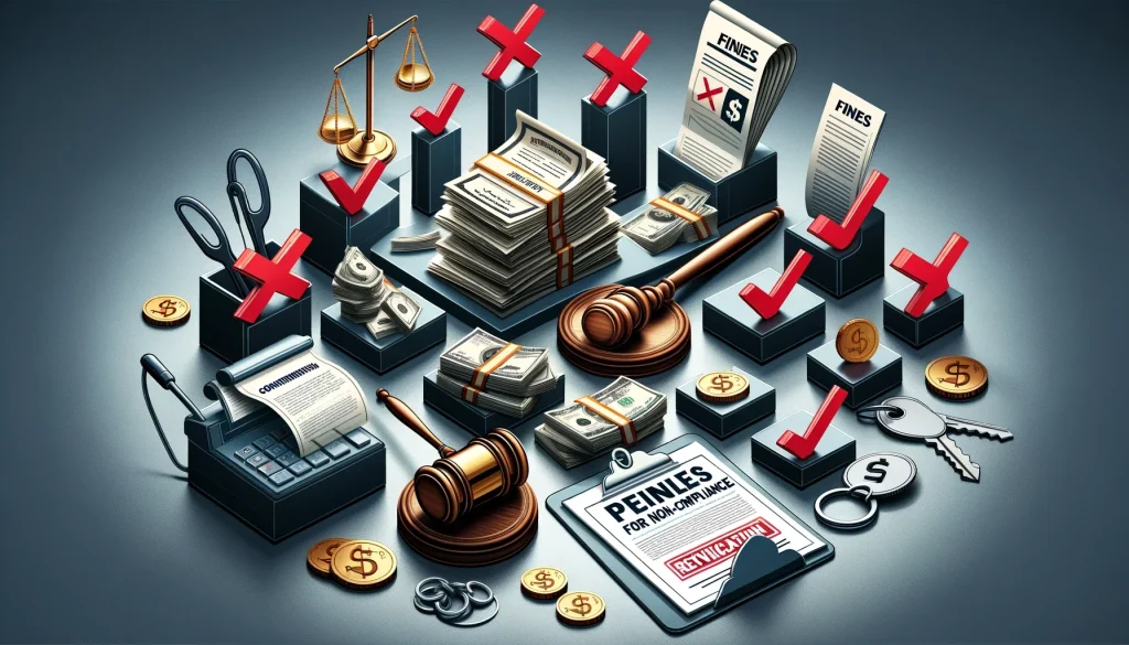 Illustration of legal and financial penalties for non-compliance, showing fines, documents, money, and gavel